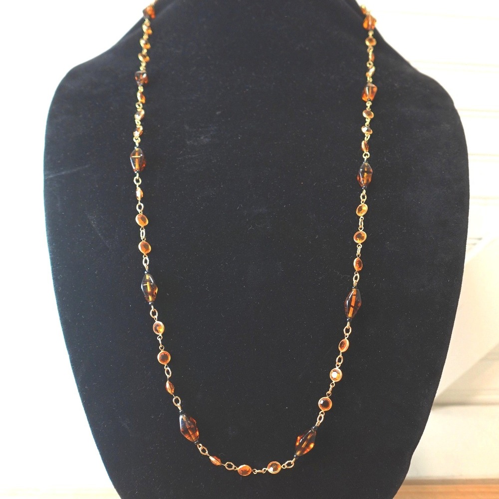 Vintage Austrian Crystal Necklace Tortoise Shell Faceted Beads Chain Jewelry 34"